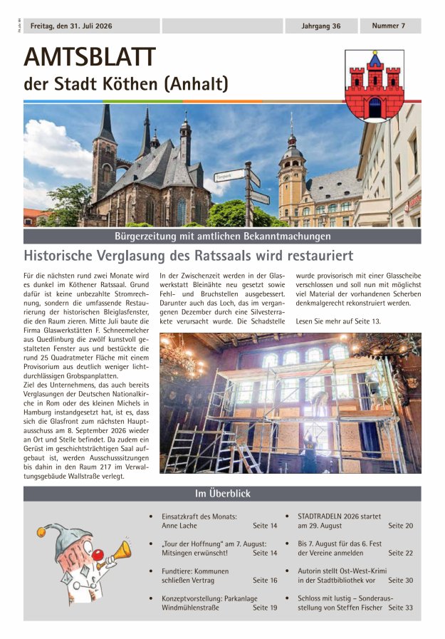 Amtsblatt der Stadt Köthen (Anhalt) – Bürgerzeitung mit amtlichen Bekanntmachungen Titelblatt 07/2026