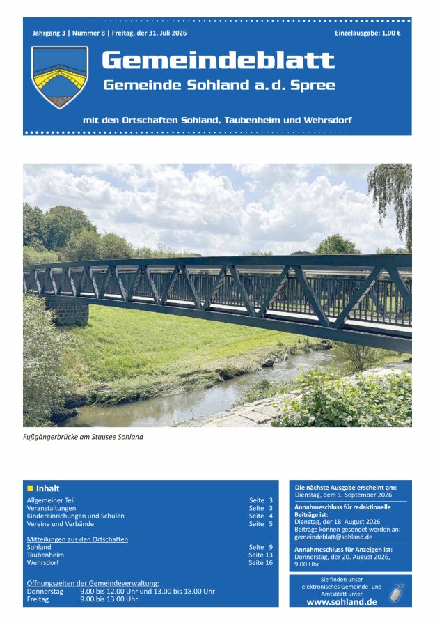 Amtsblatt der Gemeinde Sohland a. d. Spree mit den Ortschaften Sohland, Taubenheim und Wehrsdorf Titelblatt 08/2026
