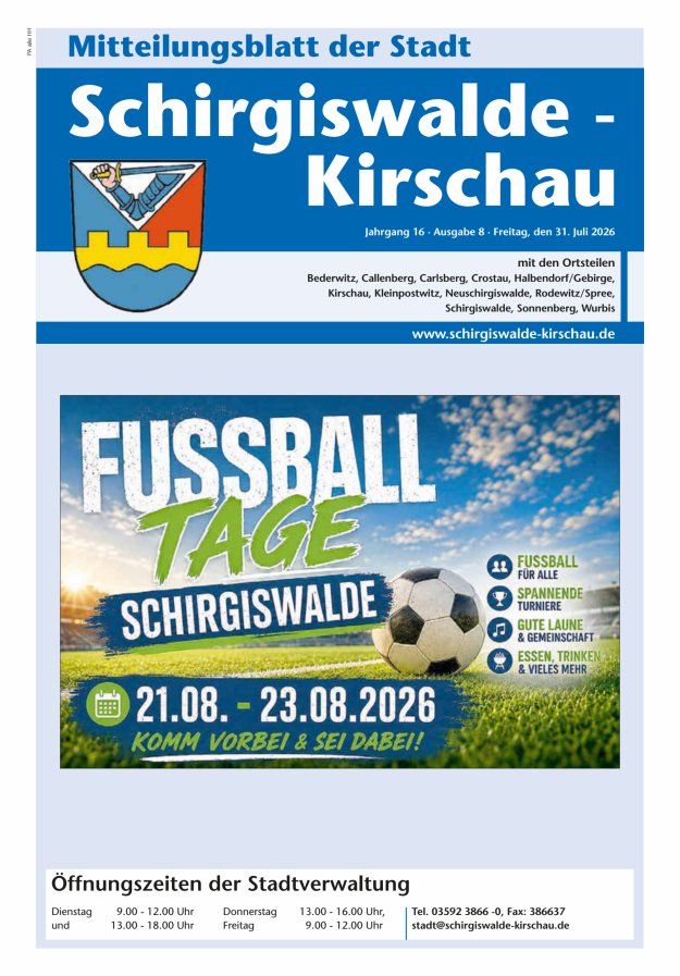 Amtliches Mitteilungsblatt der Stadt Schirgiswalde-Kirschau mit den Ortsteilen Titelblatt 08/2026