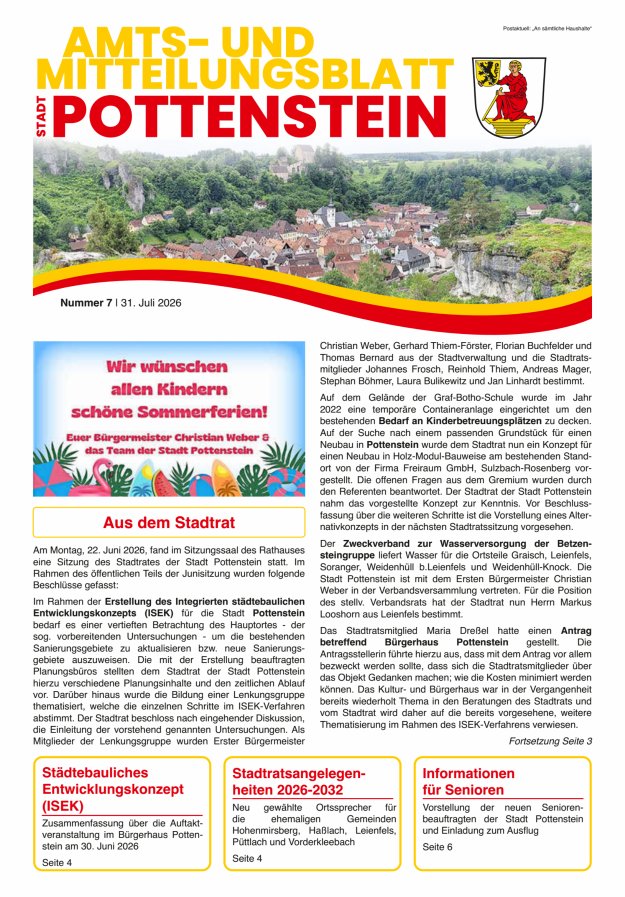 Amts- und Mitteilungsblatt der Stadt Pottenstein Titelblatt 07/2026