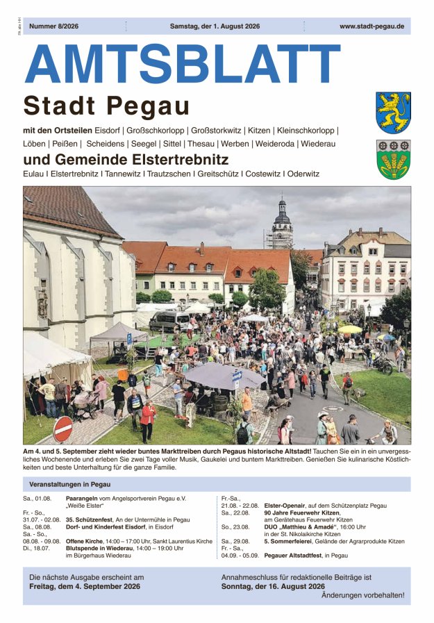 Amtsblatt Stadt Pegau und Gemeinde Elstertrebnitz  Titelblatt 08/2026