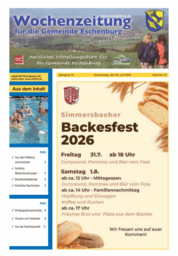 Wochenzeitung für die Gemeinde Eschenburg Titelblatt 31/2026