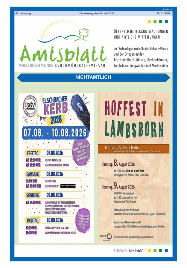 Amtsblatt der VG Bruchmühlbach-Miesau Titelblatt 31/2026