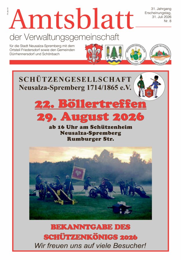 Amtsblatt der Verwaltungsgemeinschaft für die Stadt Neusalza-Spremberg Titelblatt 08/2026