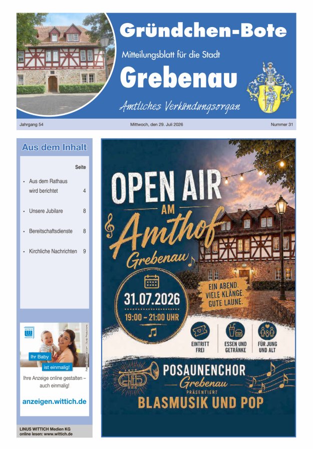 Grebenau - Gründchen Bote - Mitteilungsblatt für die Stadt Grebenau Titelblatt 31/2026