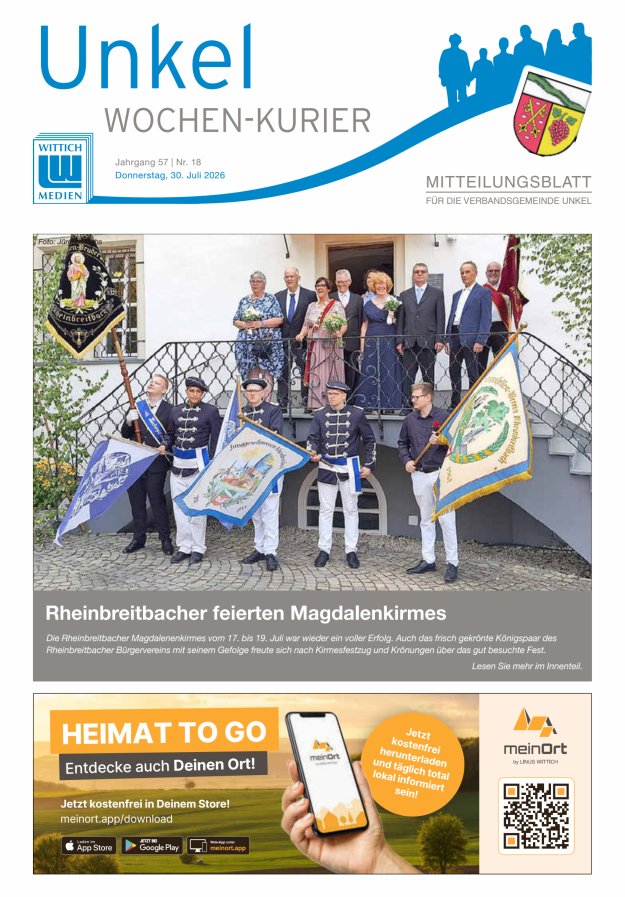 Wochen-Kurier Verbandsgemeinde Unkel Titelblatt 18/2026