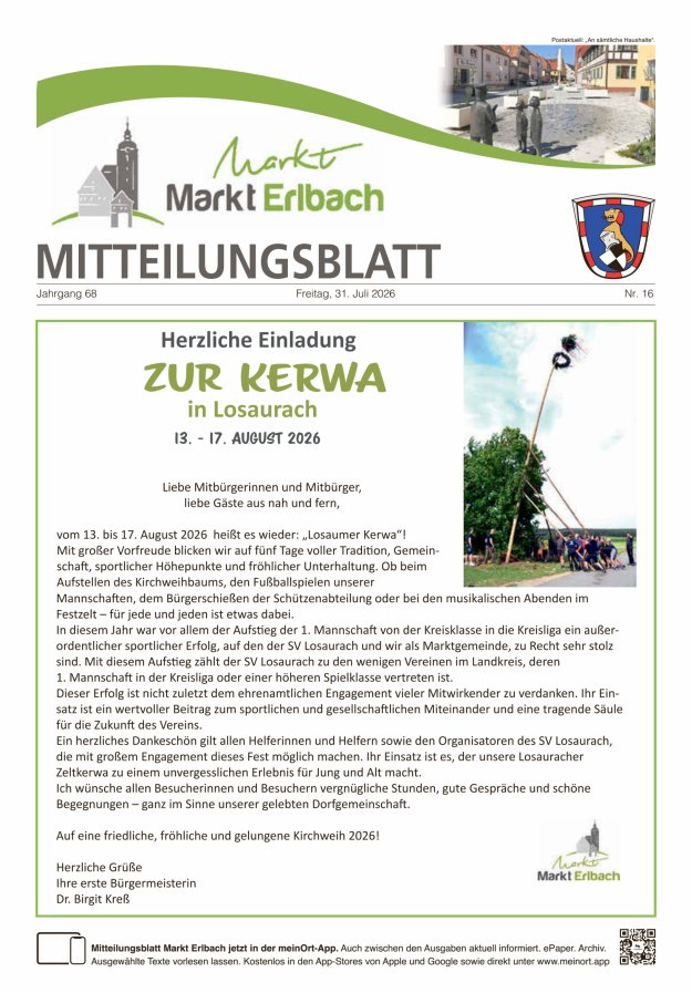 Mitteilungsblatt Markt Erlbach Titelblatt 16/2026