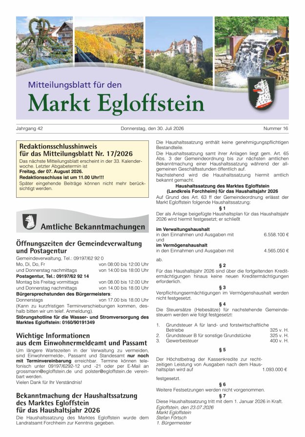 Mitteilungsblatt für den Markt Egloffstein Titelblatt 16/2026