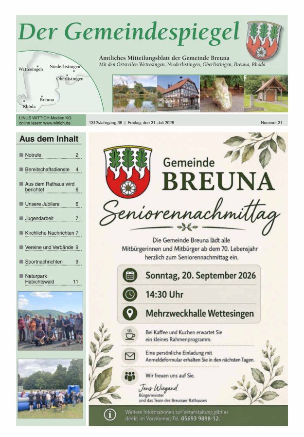 Der Gemeindespiegel (Breuna) Titelblatt 31/2026