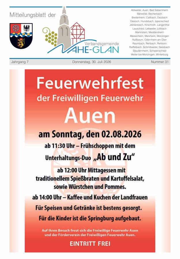 Mitteilungsblatt für die Verbandsgemeinde Nahe-Glan Titelblatt 31/2026