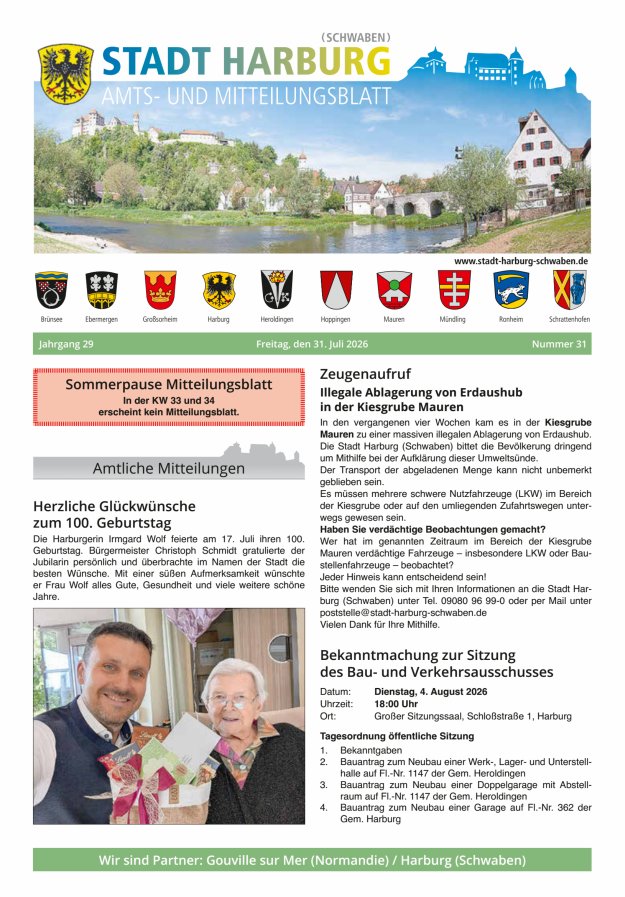 Amts- und Mitteilungsblatt der Stadt Harburg Titelblatt 31/2026
