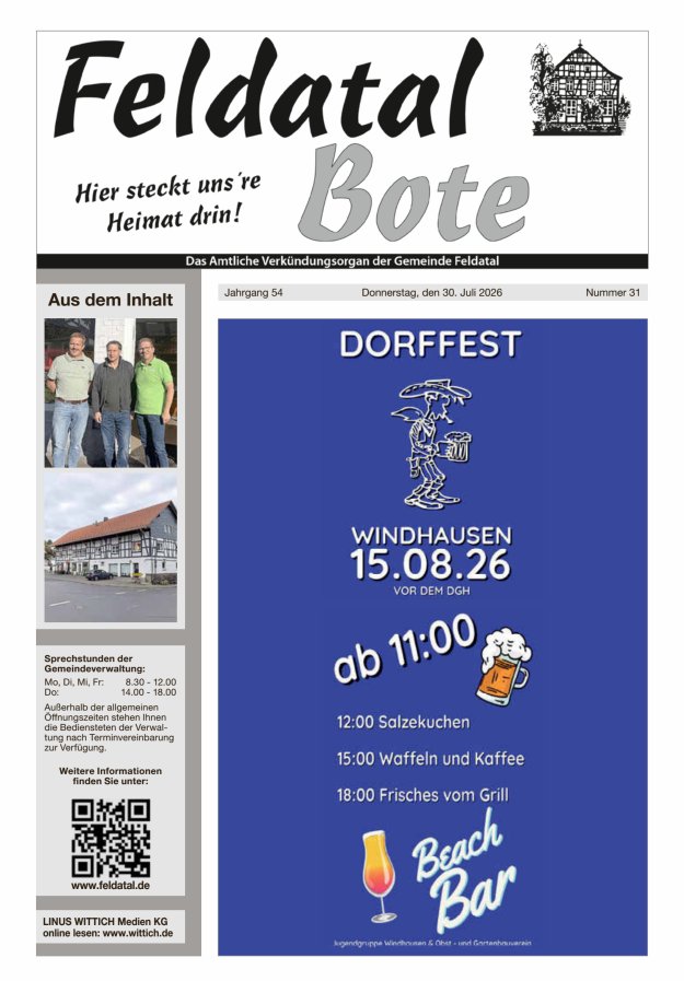 Das Amtliche Verkündungsorgan der Gemeinde Feldatal Titelblatt 31/2026