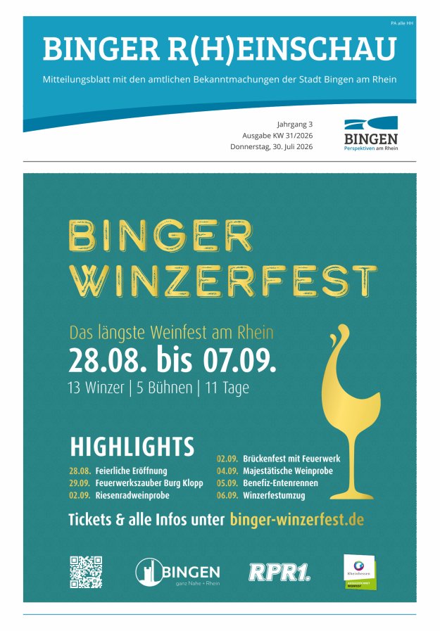 Binger R(h)einschau - Mitteilungsblatt mit den Amtlichen Bekanntmachungen der Stadt Bingen Titelblatt 31/2026