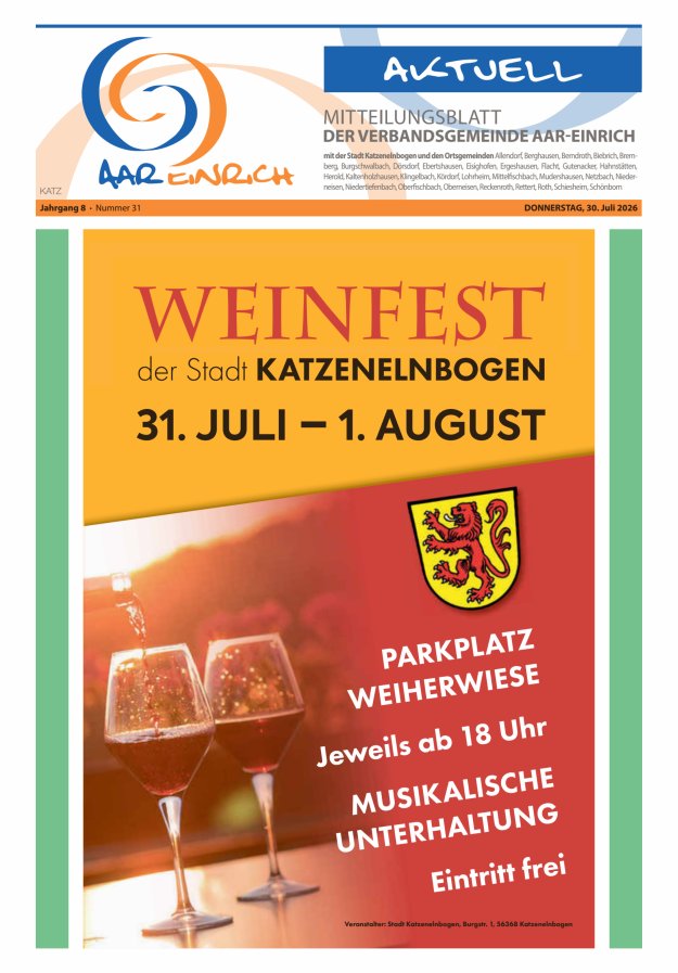 Mitteilungsblatt der Verbandsgemeinde Aar-Einrich Ausgabe Katzenelnbogen Titelblatt 30/2026