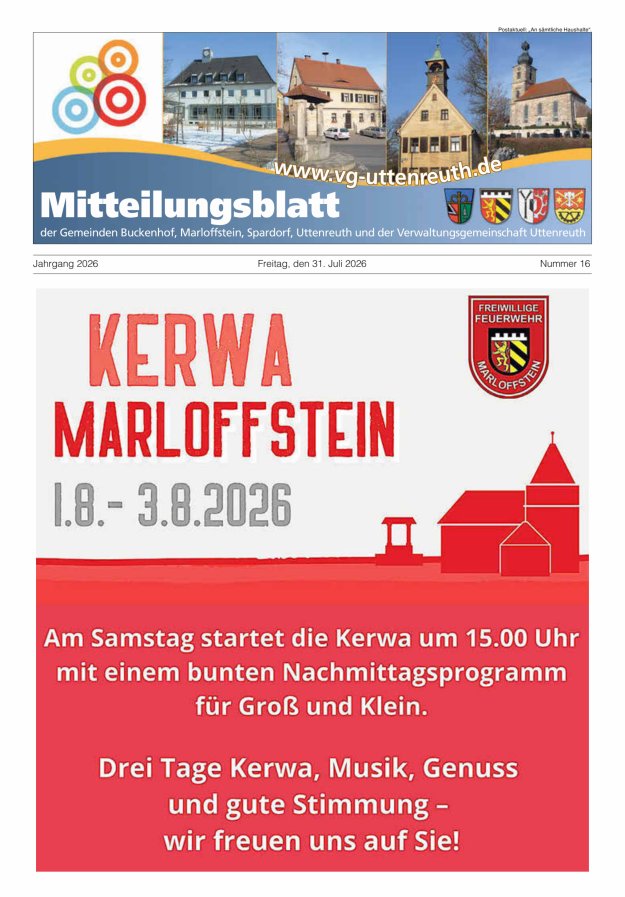 Mitteilungsblatt der Verwaltungsgemeinschaft Uttenreuth Titelblatt 16/2026