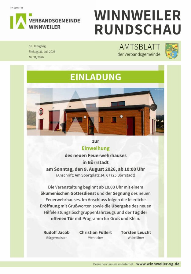 Winnweiler Rundschau Titelblatt 31/2026