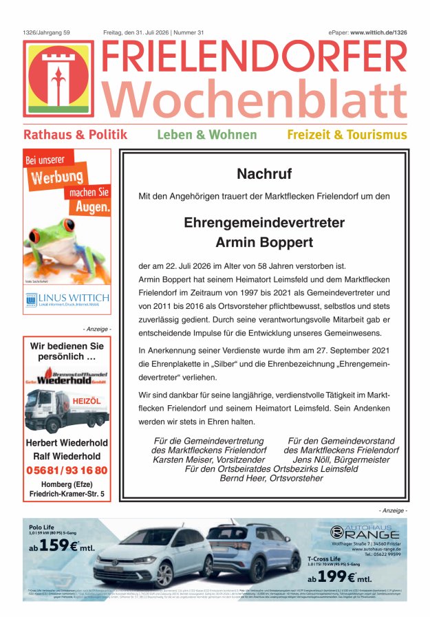 Frielendorfer Wochenblatt Titelblatt 31/2026