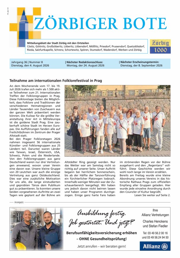 Zörbiger Bote – Mitteilungsblatt der Stadt Zörbig mit den Ortsteilen Titelblatt 08/2026