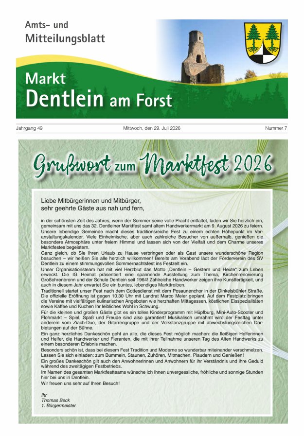 Amts- und Mitteilungsblatt Markt Dentlein am Forst Titelblatt 07/2026