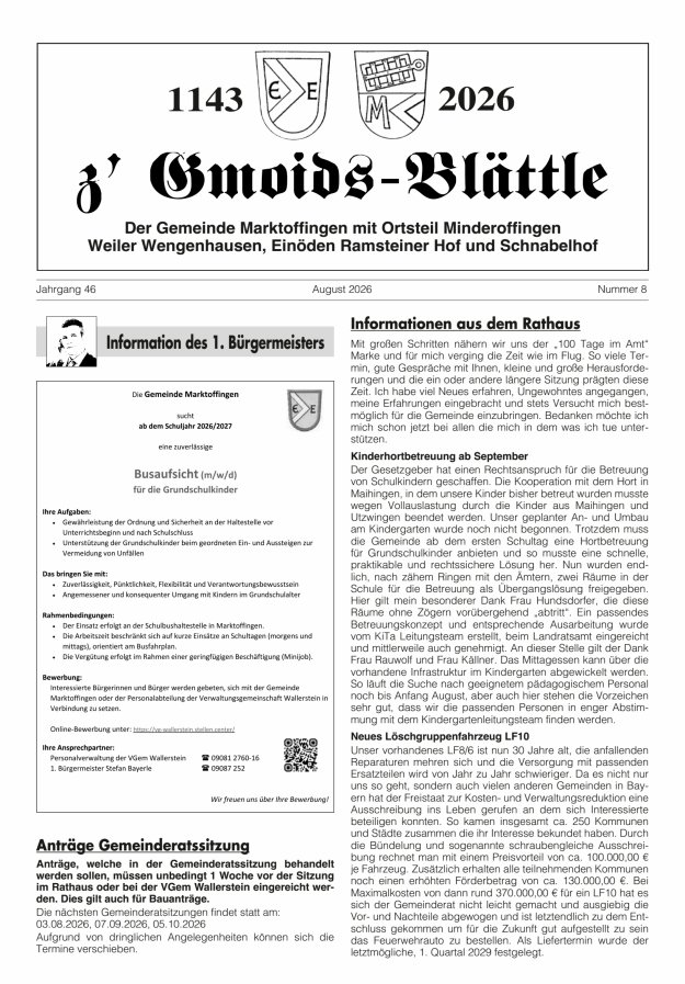 z'Gmoids-Blättle der Gemeinde Marktoffingen mit Ortsteilen Titelblatt 08/2026