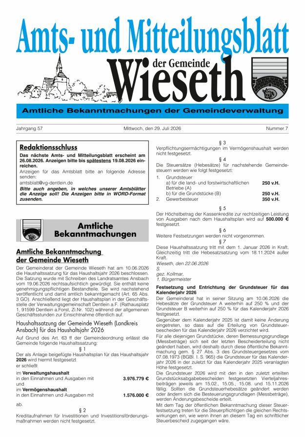 Amts- und Mitteilungsblatt der Gemeinde Wieseth Titelblatt 07/2026
