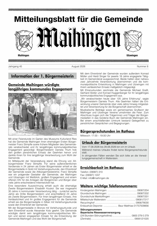 Mitteilungsblatt für die Gemeinde Maihingen Titelblatt 08/2026