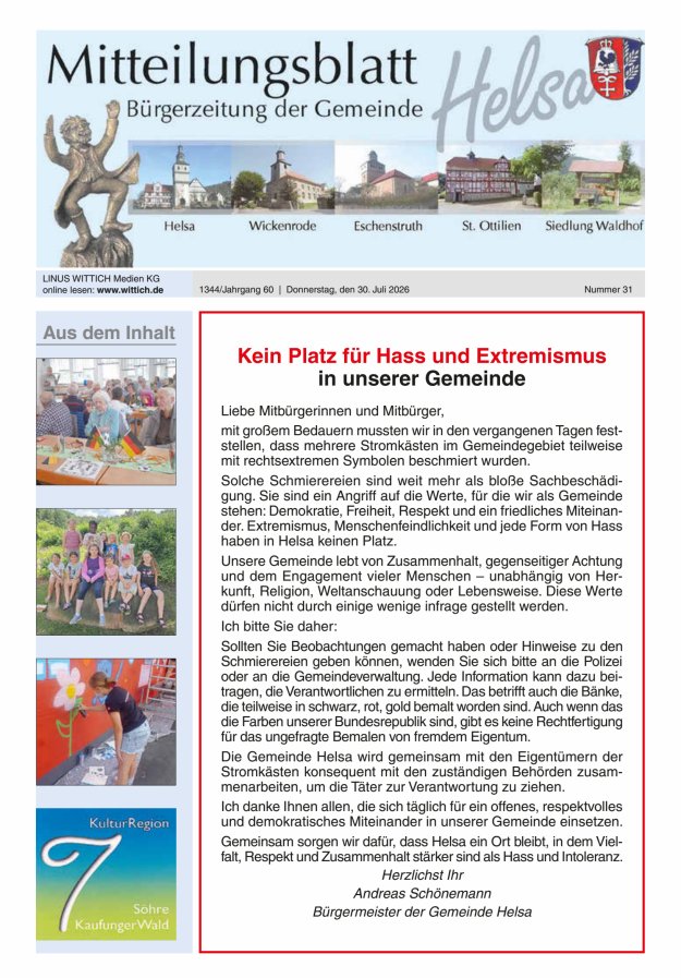 Mitteilungsblatt Helsa Titelblatt 31/2026