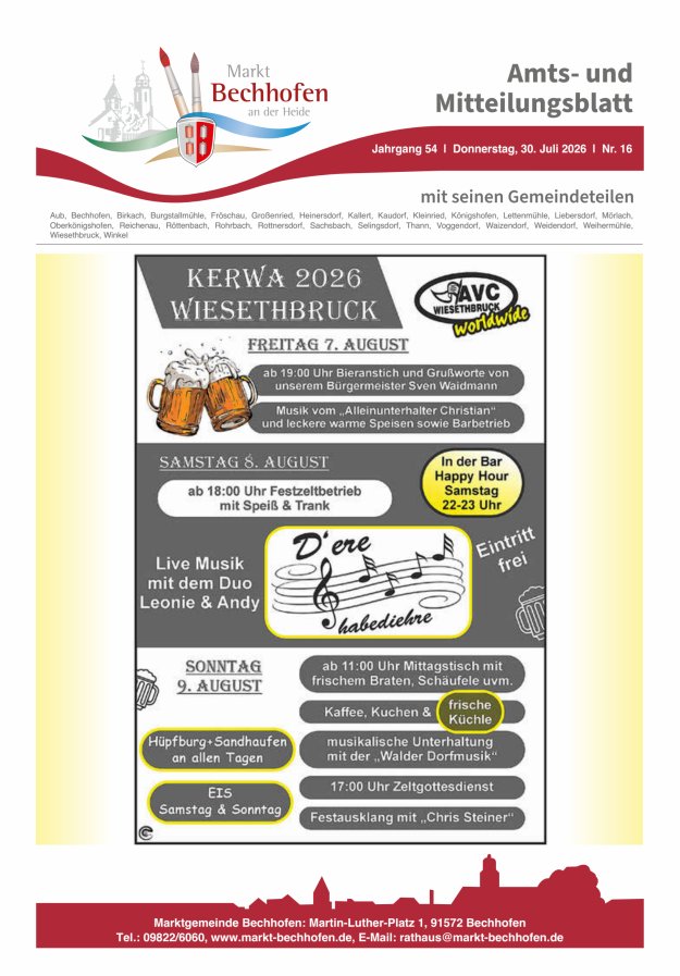 Amts- und Mitteilungsblatt für den Markt Bechhofen Titelblatt 16/2026