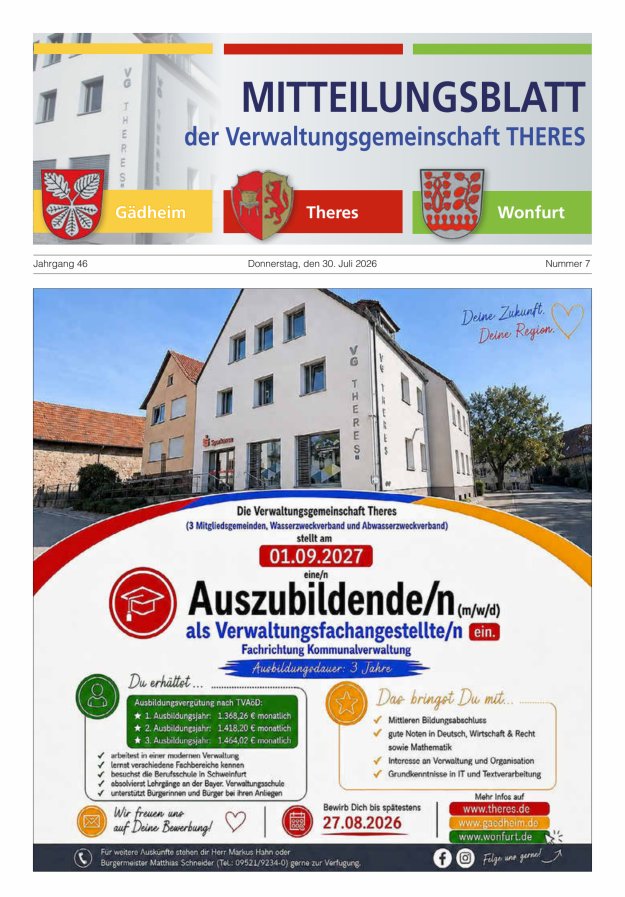 Mitteilungsblatt der Verwaltungsgemeinschaft Theres Titelblatt 07/2026