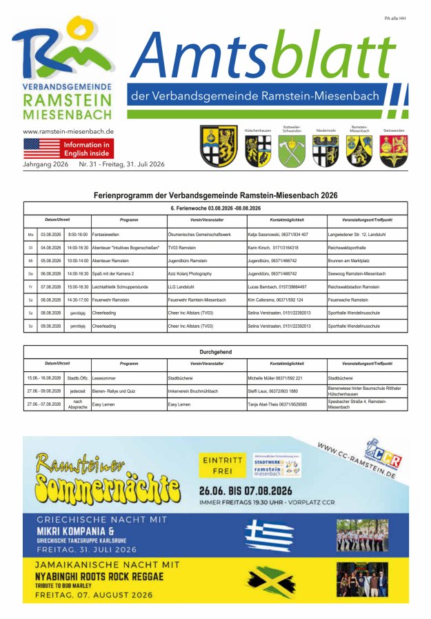 Amtsblatt VG Ramstein-Miesenbach Titelblatt 31/2026