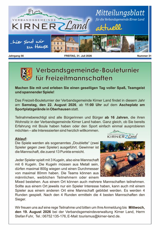 Mitteilungsblatt für den Bereich der Verbandsgemeinde Kirner Land Titelblatt 31/2026
