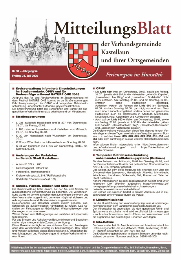 Mitteilungsblatt Kastellaun Titelblatt 31/2026
