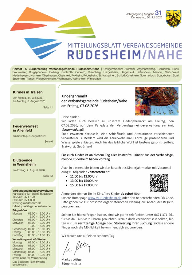 Mitteilungsblatt Verbandsgemeinde Rüdesheim und zugehörige Ortsgemeinden Titelblatt 31/2026
