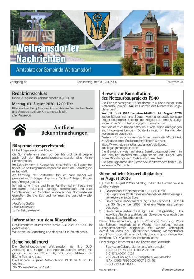 Weitramsdorfer Nachrichten Titelblatt 31/2026