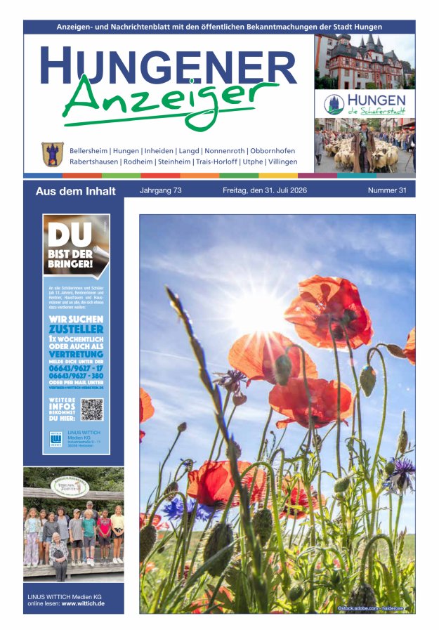 Anzeigen- und Nachrichtenblatt mit den öff  Bekanntmachungen der Stadt Hungen Titelblatt 31/2026