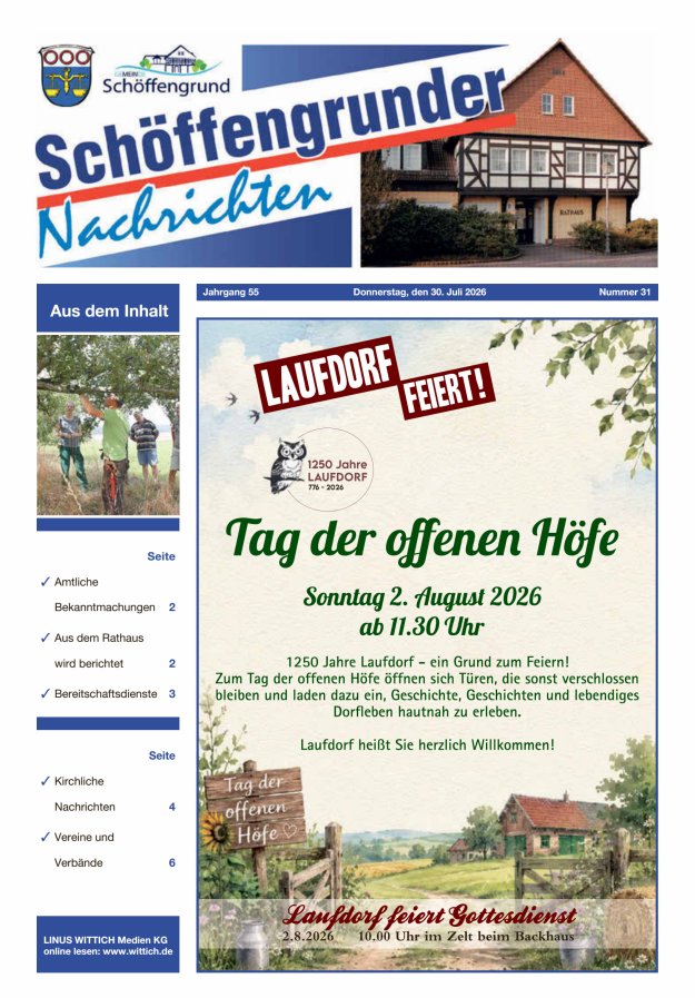Schöffengrunder Nachrichten Titelblatt 31/2026