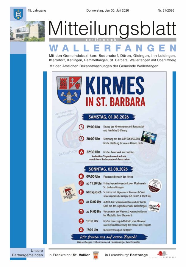 Mitteilungsblatt Gemeinde Wallerfangen Titelblatt 31/2026