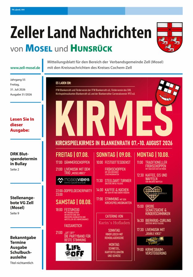 Zeller Land Nachrichten Titelblatt 31/2026