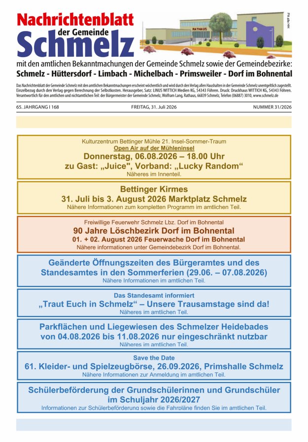 Nachrichtenblatt Schmelz Titelblatt 31/2026