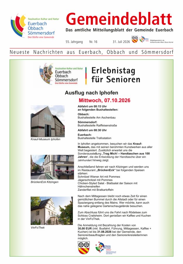 Gemeindeblatt der Gemeinde Euerbach Titelblatt 16/2026