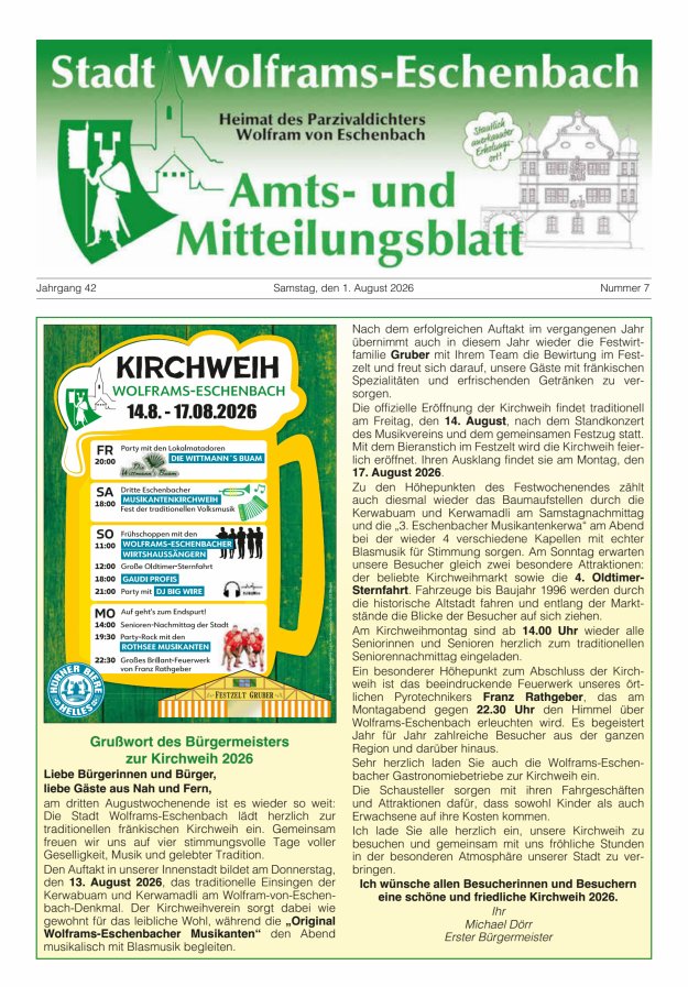 Amts- und Mitteilungsblatt Stadt Wolframs-Eschenbach Titelblatt 07/2026