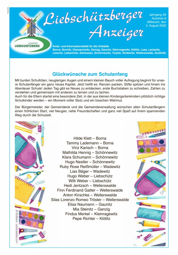 Liebschützberger Anzeiger - Amts- und Informationsblatt Titelblatt 08/2026