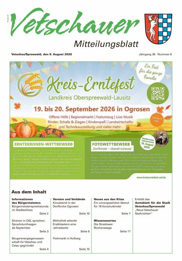 Vetschauer Mitteilungsblatt - Neue Vetschauer Nachrichten (Amtsblatt) Titelblatt 08/2026