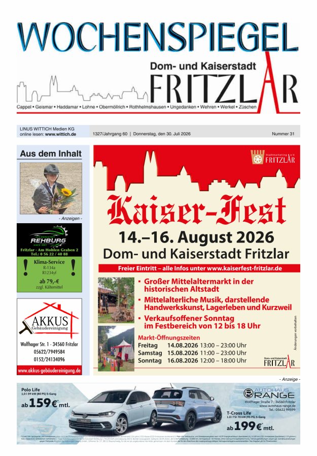 Wochenspiegel Dom- und Kaiserstadt Fritzlar Titelblatt 31/2026