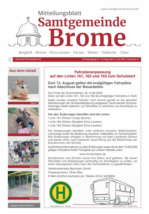 Mitteilungsblatt der Samtgemeinde Brome Titelblatt 31/2026