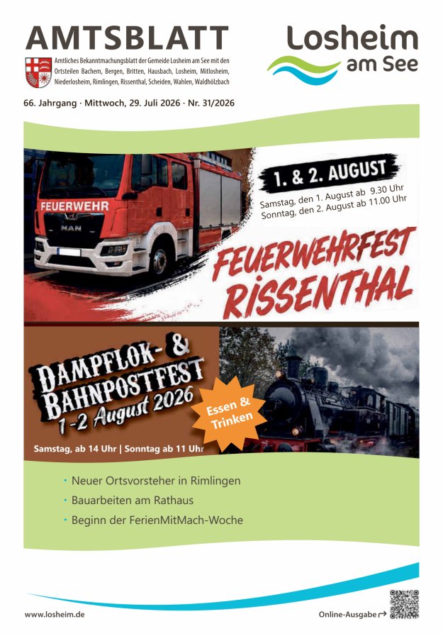 Amtliches Bekanntmachungsblatt der Gemeinde Losheim am See Titelblatt 31/2026