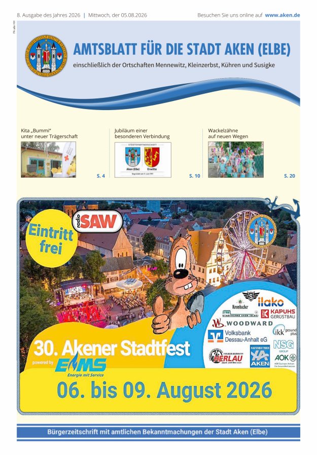 Amtsblatt der Stadt Aken (Elbe) Titelblatt 08/2026