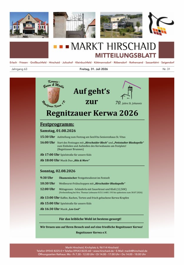 Mitteilungsblatt Markt Hirschaid Titelblatt 31/2026