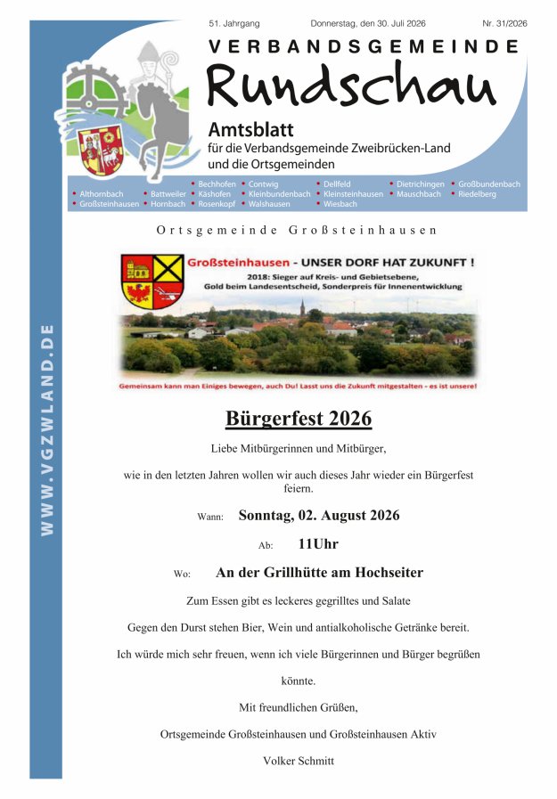 Verbandsgemeinde Rundschau Zweibrücken-Land Titelblatt 31/2026