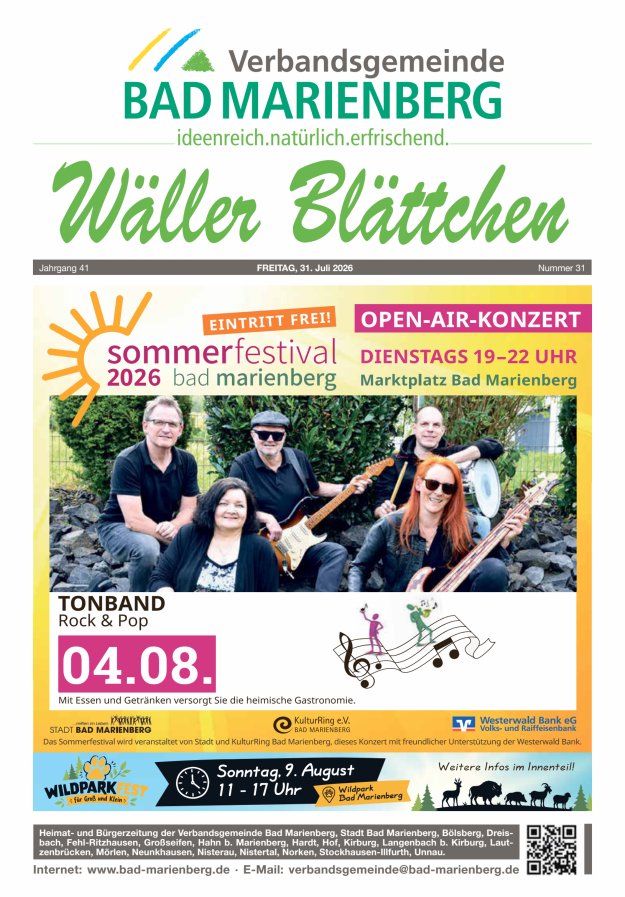 Wäller Blättchen - Verbandsgemeinde Bad Marienberg Titelblatt 31/2026